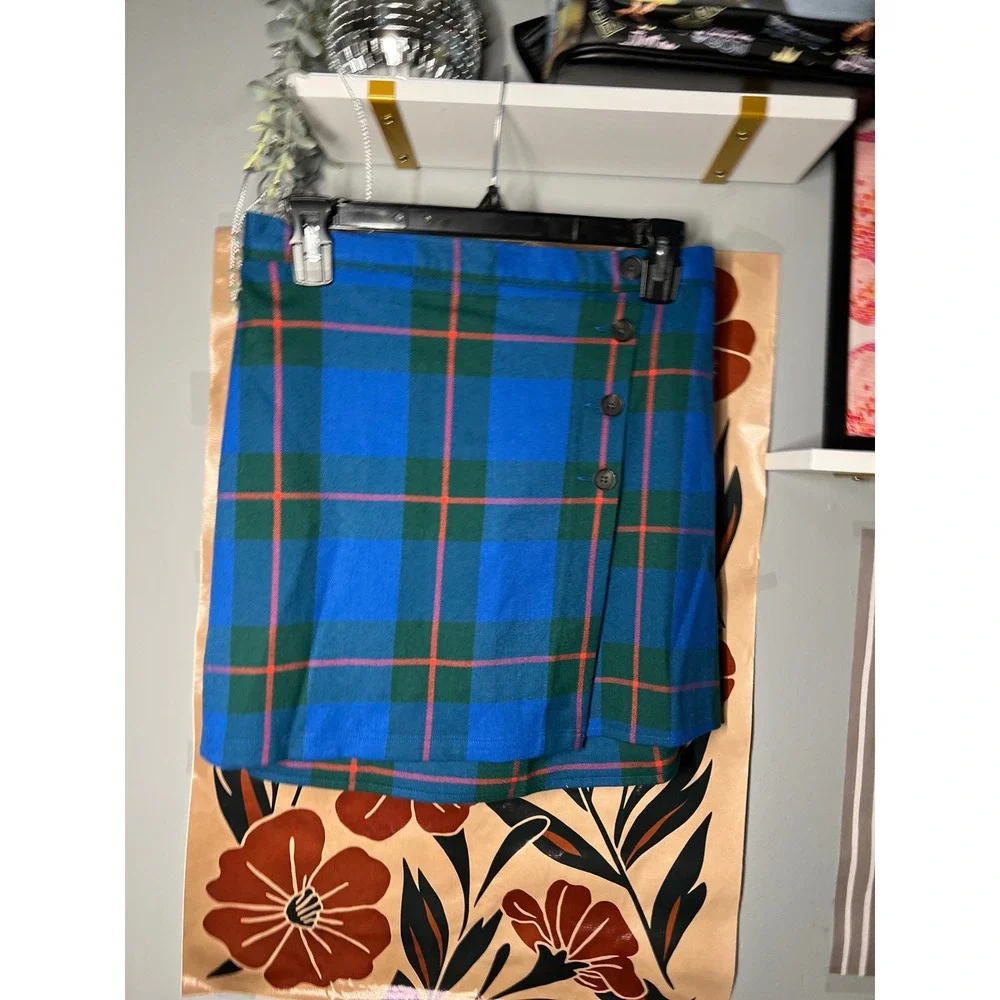 SO Goods for Life Blue Green Plaid Faux Wrap Mini Skirt High Rise Size 7 NWT - Picture 2 of 6